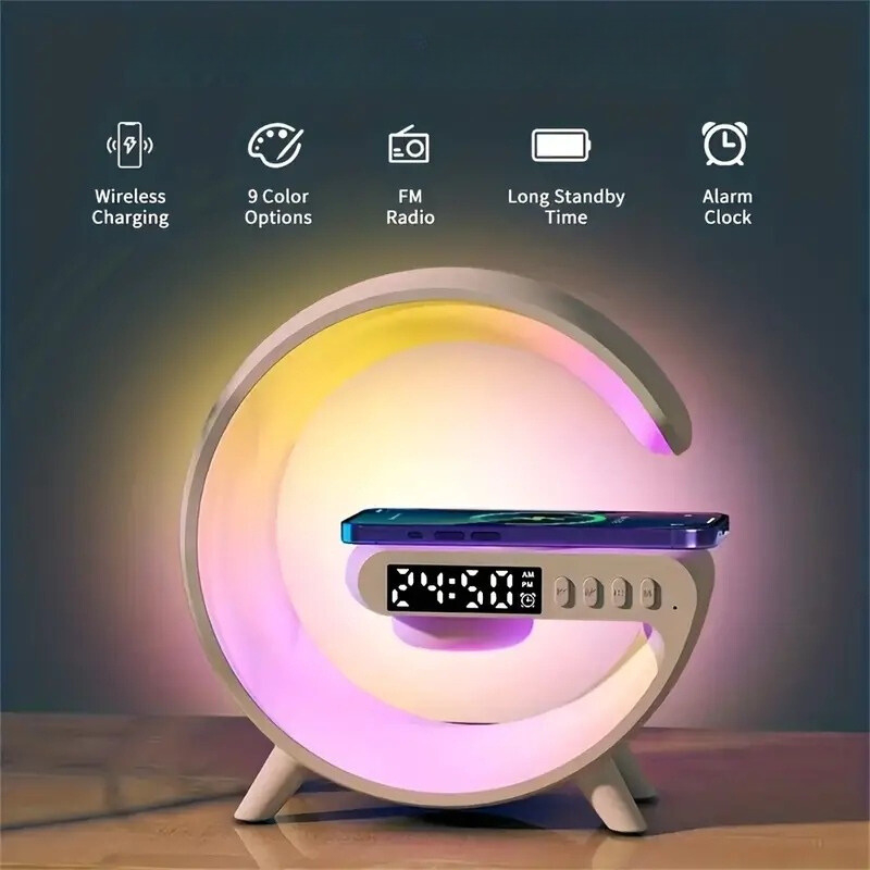 Luminária de Mesa Multifuncional: 15W Luz Atmosférica RGB Alarme Relógio e Alto-Falante Bluetooth Integrado
