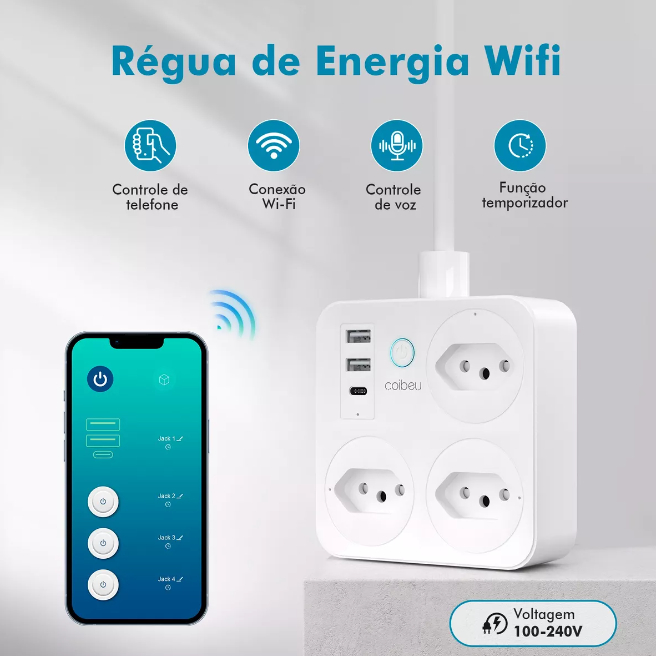 Extensão Inteligente Wifi Tuya 3 Tomadas 2usb 1type-c Coibeu