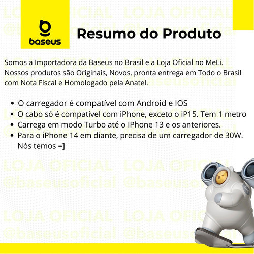 Baseus Carregador De Parede Turbo 20w Tipo-C + Cabo Lightning