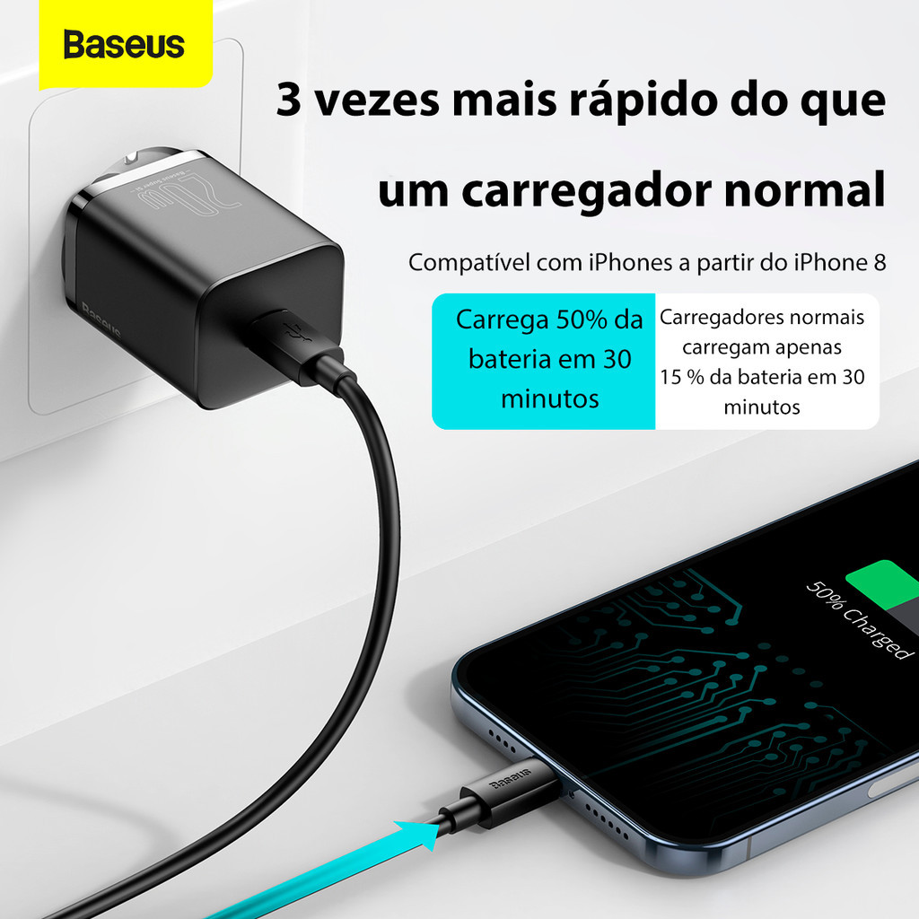 Baseus Carregador De Parede Turbo 20w Tipo-C + Cabo Lightning