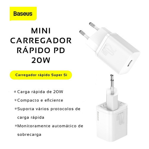 Kit Baseus de Carregador De Parede Turbo 20w Tipo-c + Cabo iPhone