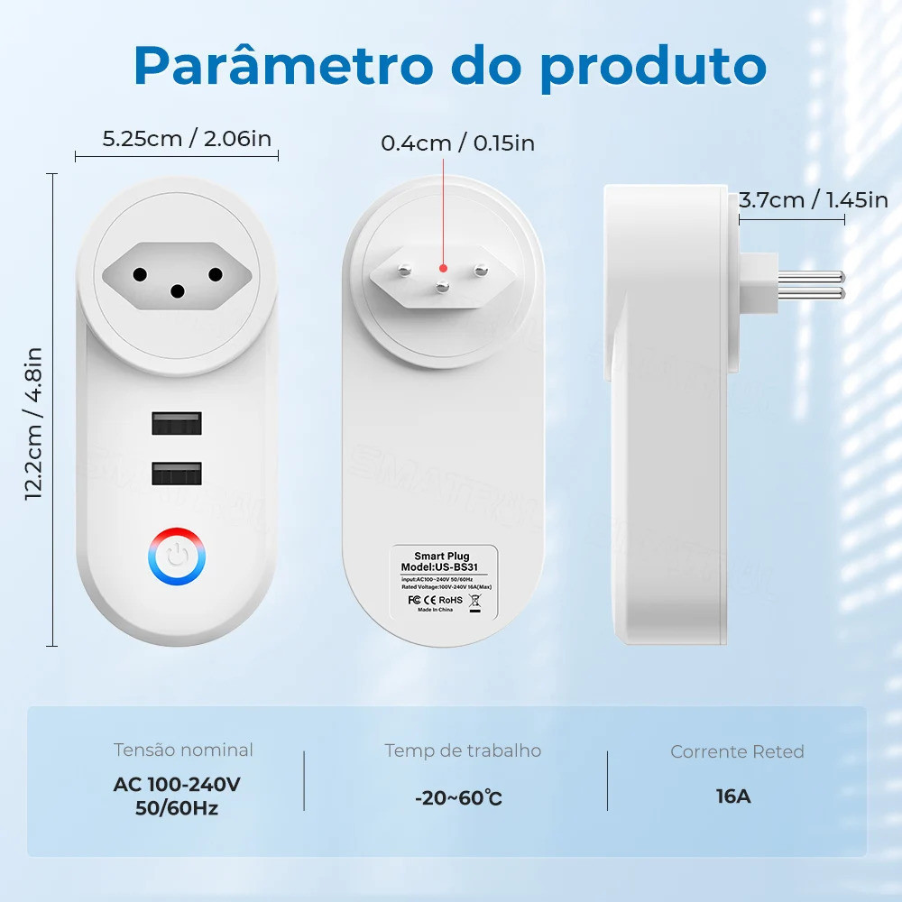 Tomada Wifi Inteligente Smart 16A Dois USB APP Automação Residencial