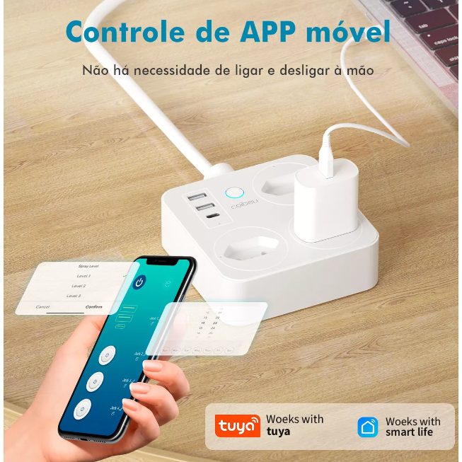 Extensão Inteligente Wifi Tuya 3 Tomadas 2usb 1type-c Coibeu 
