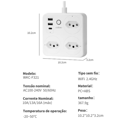 Extensão Inteligente Wifi Tuya 3 Tomadas 2usb 1type-c Coibeu 