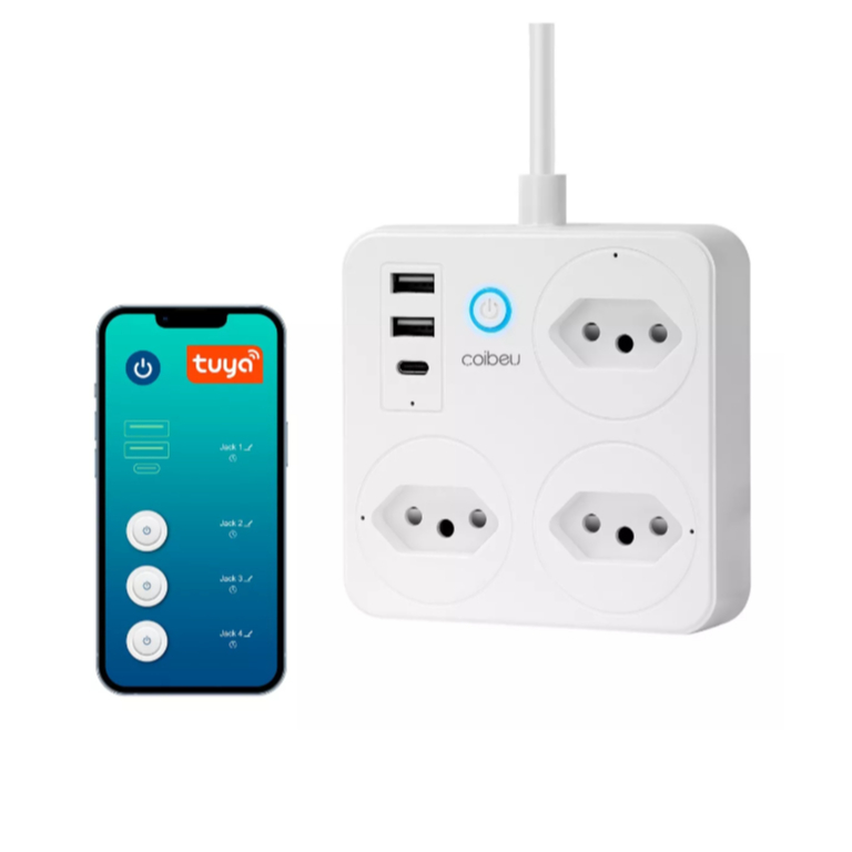 Extensão Inteligente Wifi Tuya 3 Tomadas 2usb 1type-c Coibeu