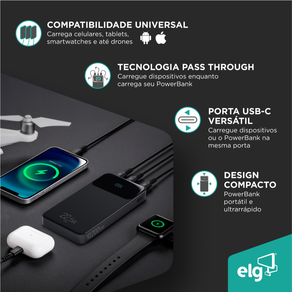  Carregador Portátil  ELG 10.200mah Turbo - Preto 