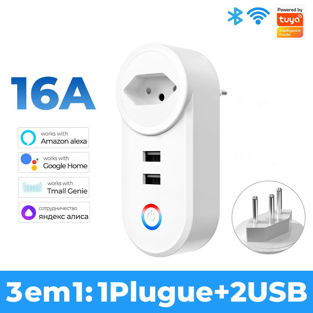 Tomada Wifi Inteligente Smart 16A Dois USB APP Automação Residencial